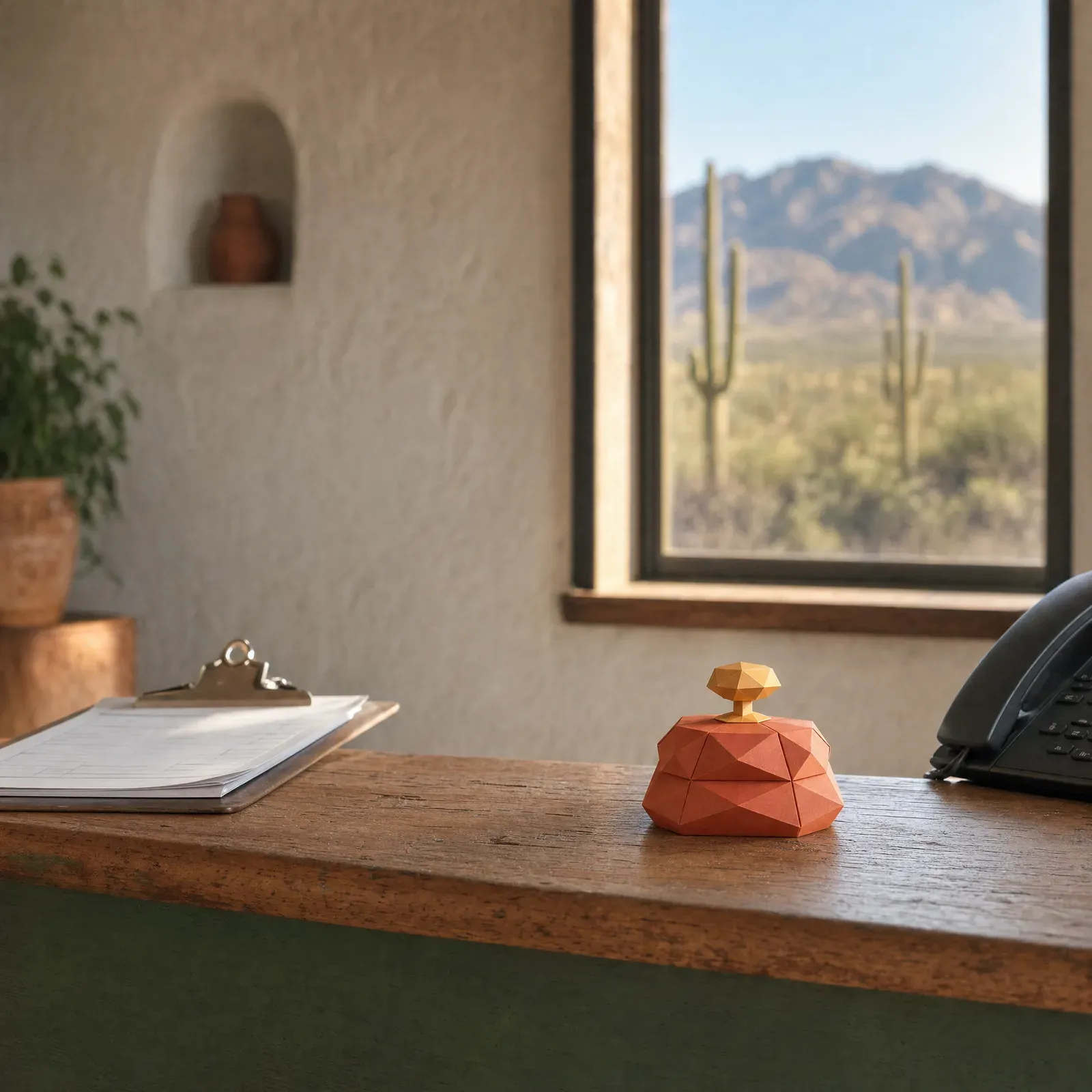 A terracotta folded-paper service bell on the empty front counter of a Tucson shop, with a desk phone beside it.