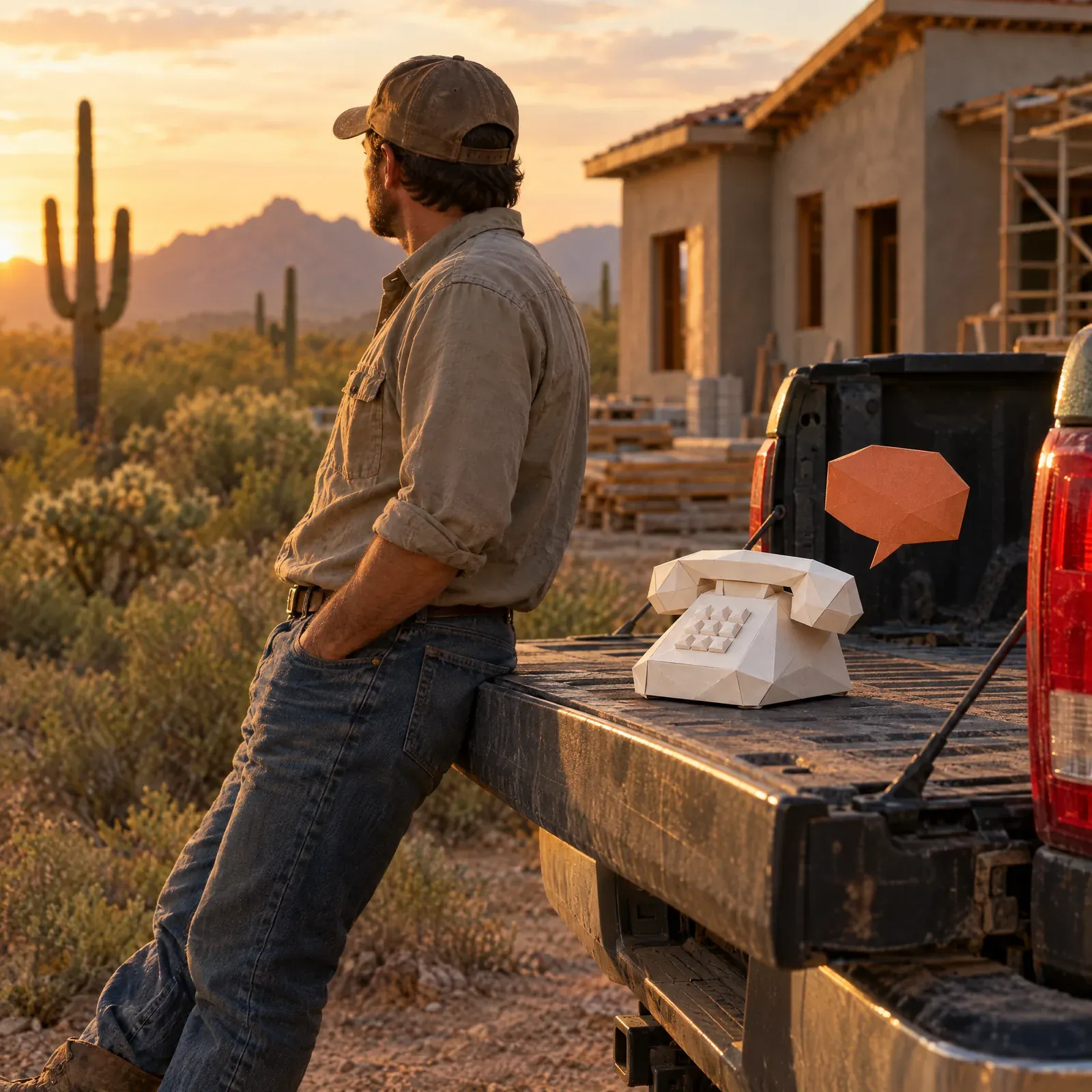 A contractor leans on his pickup's tailgate at a desert job site at sunset, with a folded-paper phone and speech bubble beside him.