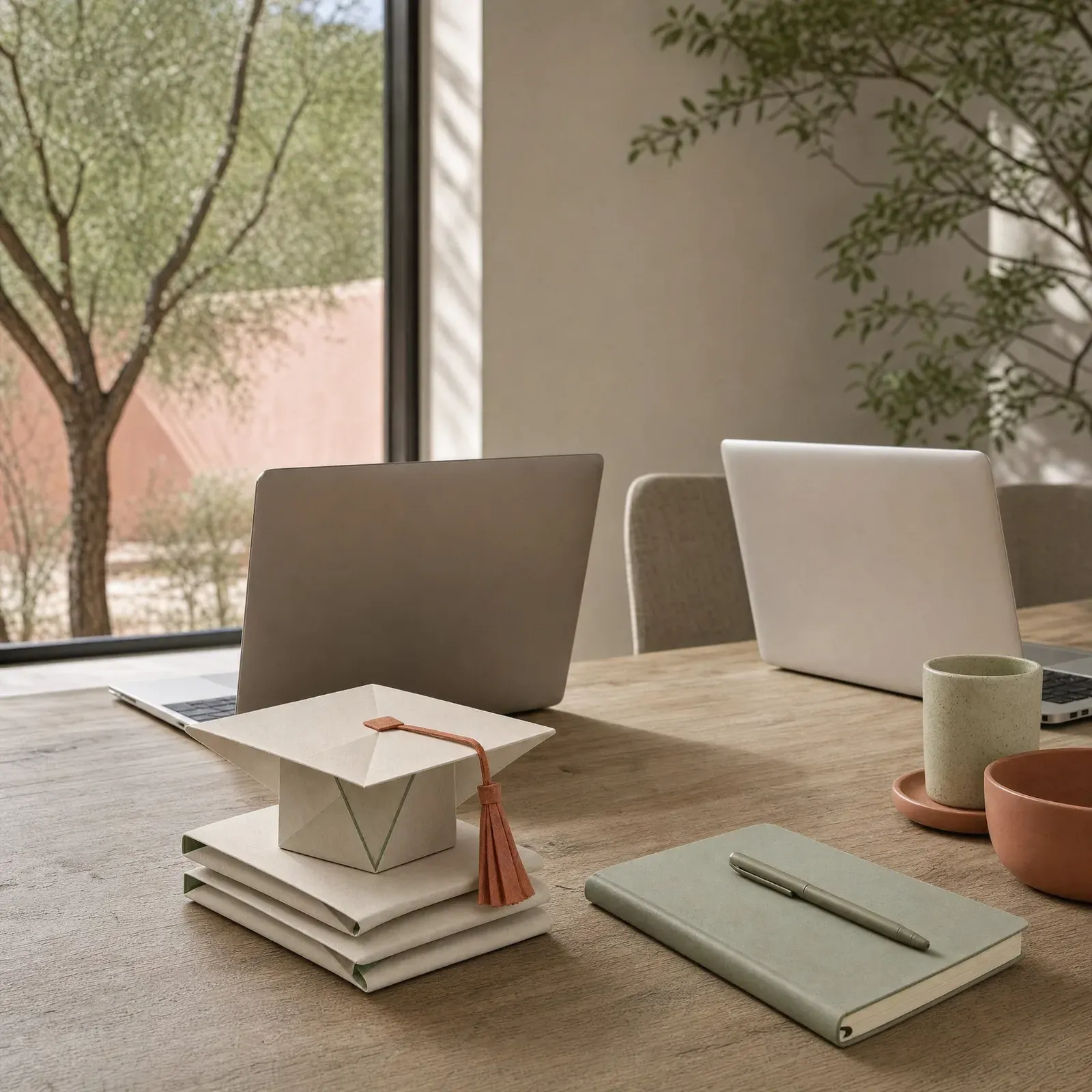 A warm sand folded-paper graduation cap on a stack of folded paper, on a shared learning table with two laptops, a notebook and a mesquite tree through the window.